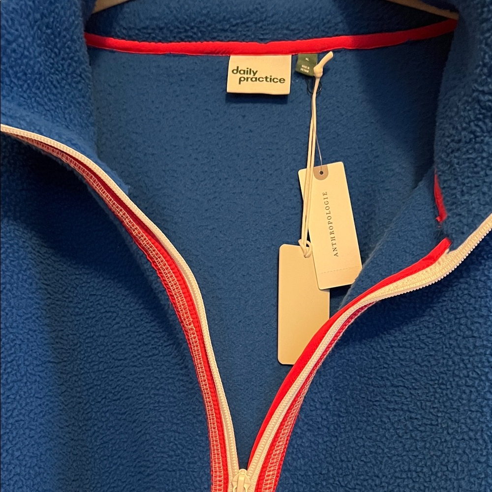 Anthropology /daily practice Blue and Gray Zip-Up Sweater with Pink Accents - Picture 2 of 10